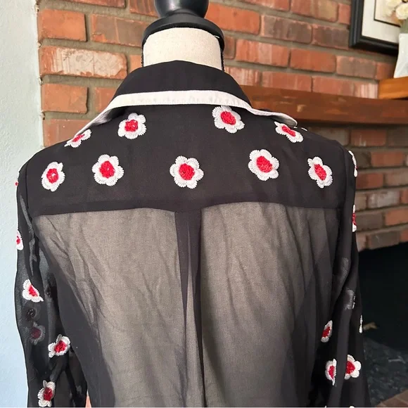 Alice + Olivia Willa Floral Embellished Scalloped Collar Placket Top Black Sz S - Picture 13 of 15